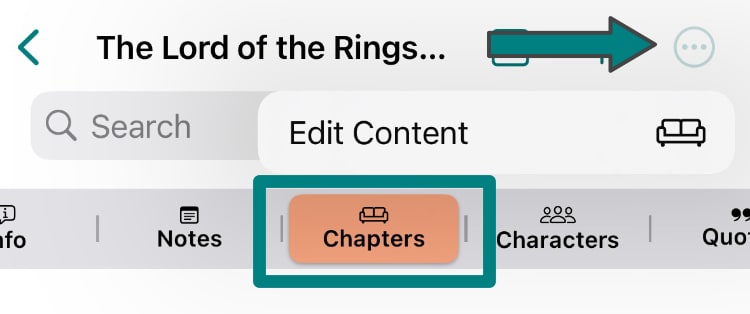 Open a book, go to the Chapters tab, then tap the top right button to reveal an Edit Content button