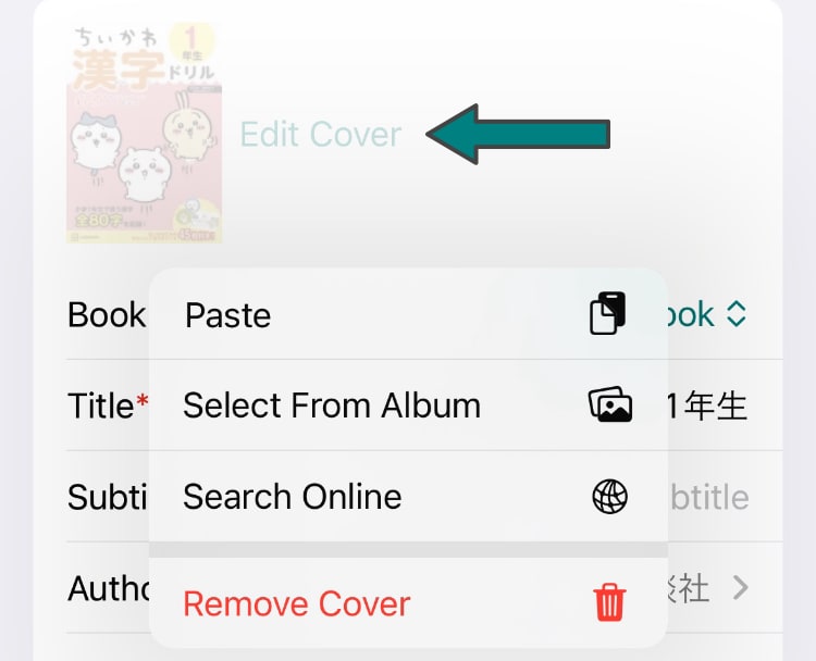 Start editing a book then tap on Edit Cover