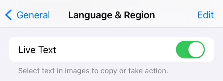 Activating Live Text from the device Settings > General > Language & Region