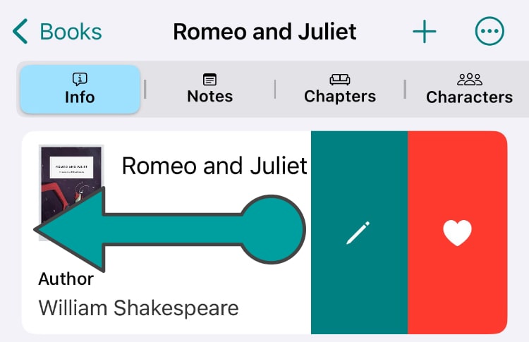 Swiping to the left on the first block of section Info of a book reveals the edit button as well as the favorite toggle button