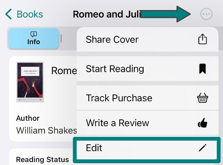 Tapping the top right button of section Info of a book reveals a menu with the edit button.