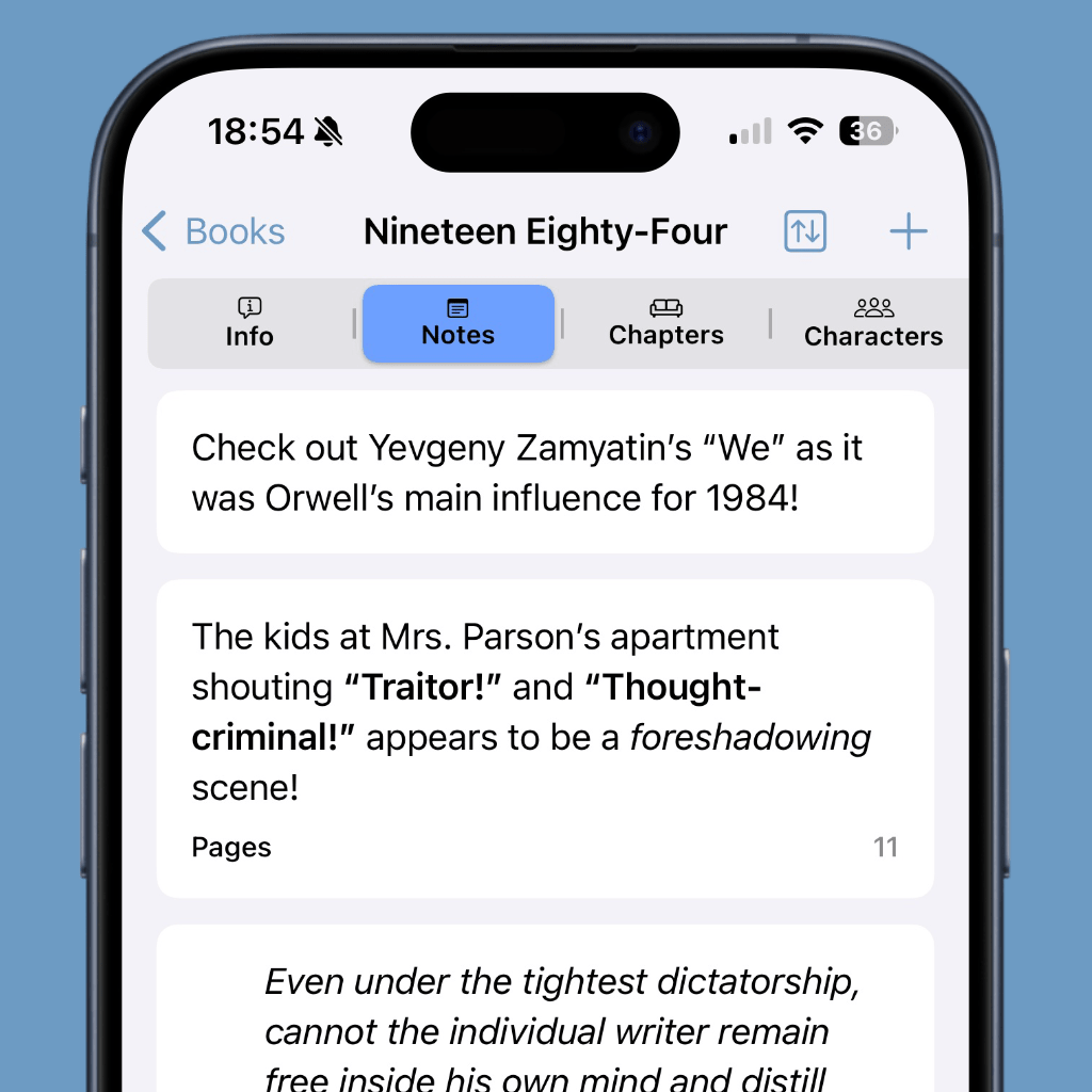 Screen showing several book notes with Markdown support