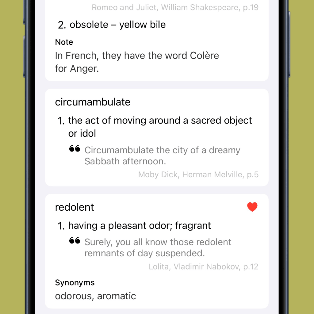 Screen showing fancy words, their definition, their synonyms and a context example